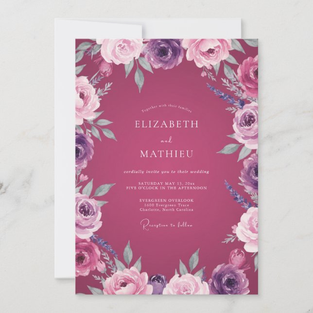 Magenta Amethyst Petal Wedding Invitation (Front)