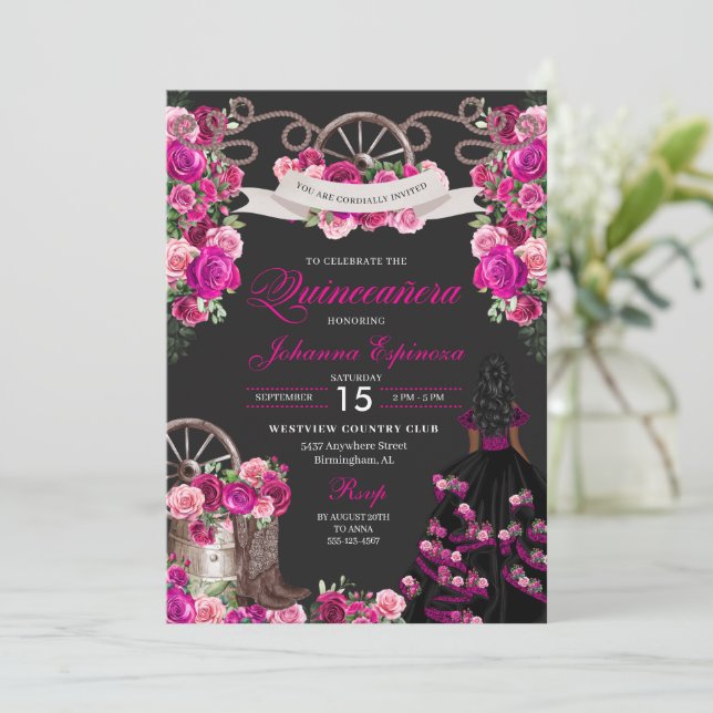 Magenta and Black Cowgirl Western Quinceanera Invitation (Standing Front)