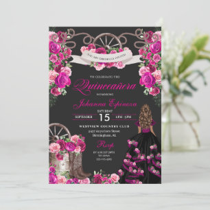 Magenta and Black Cowgirl Western Quinceanera Invitation