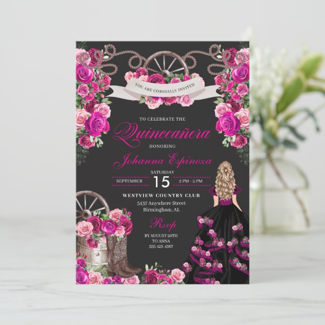 Magenta and Black Cowgirl Western Quinceanera Invitation (Standing Front)