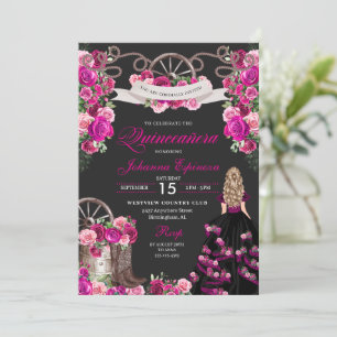 Magenta and Black Cowgirl Western Quinceanera Invitation