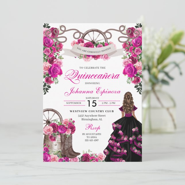 Magenta and Black Cowgirl Western Quinceanera Invitation (Standing Front)