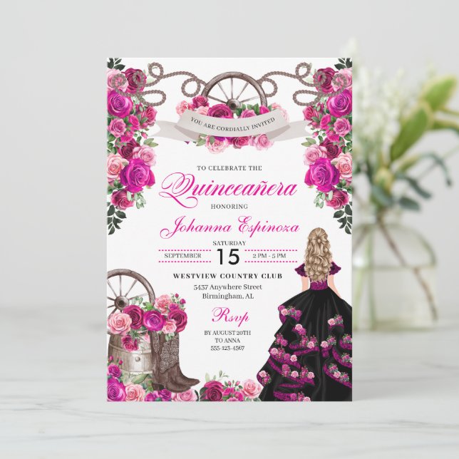 Magenta and Black Cowgirl Western Quinceanera Invitation (Standing Front)
