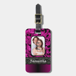 Magenta and black damask luggage tag