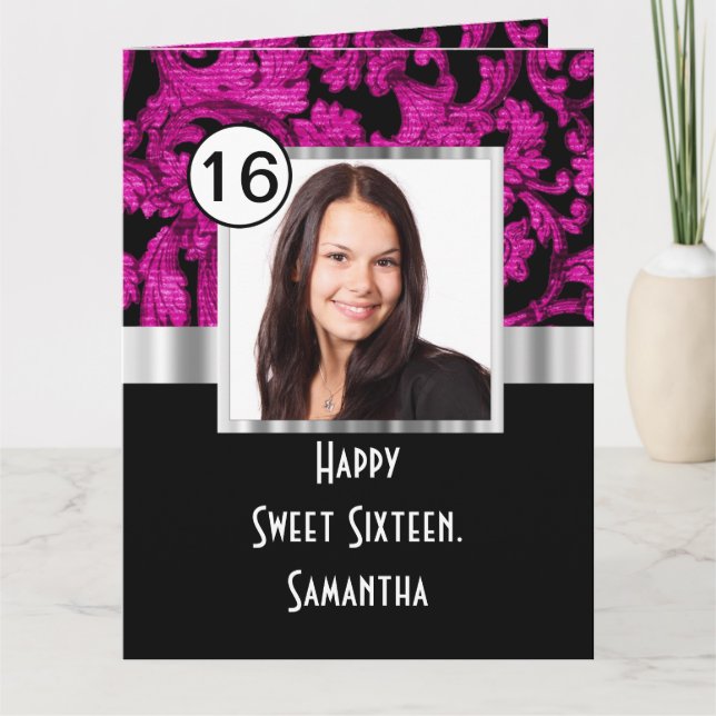 Magenta and black damask sweet sixteen card (Front)