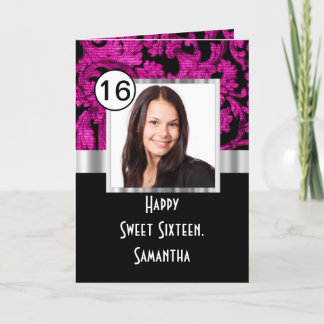 Magenta and black damask sweet sixteen thank you card