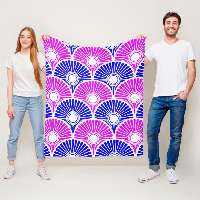 Magenta and Blue Chinese Semi Circle Wave Pattern Fleece Blanket (In Situ)