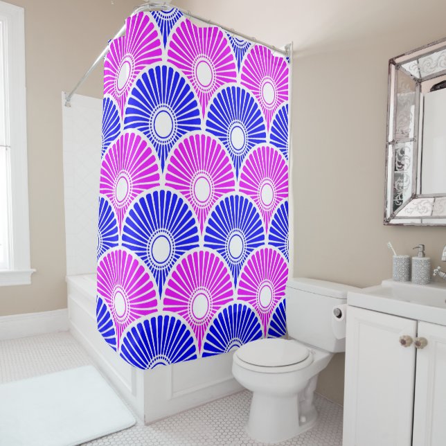 Magenta and Blue Chinese Semi Circle Wave Pattern Shower Curtain (In Situ)