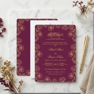 Magenta and Gold Floral Islamic Muslim Wedding Invitation