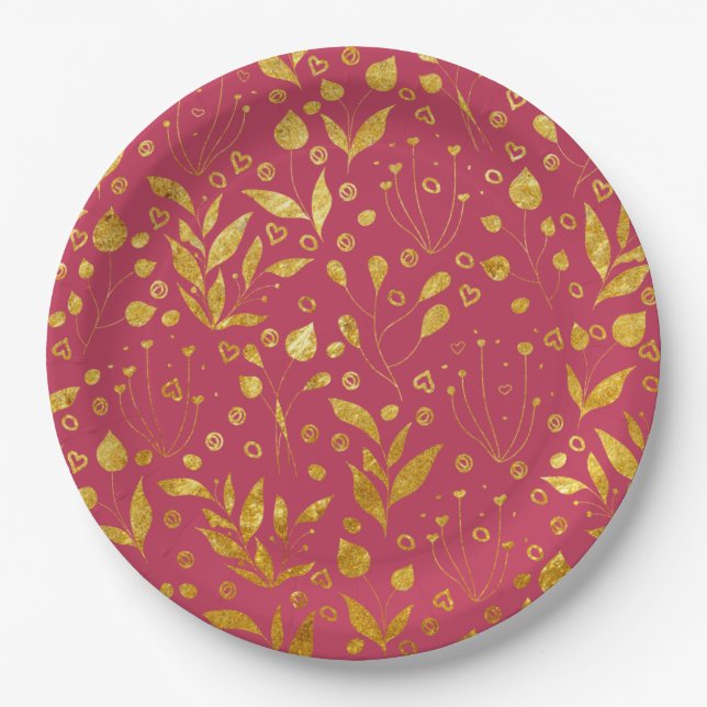 Magenta and Gold Leaves   Paper Plate (Front)