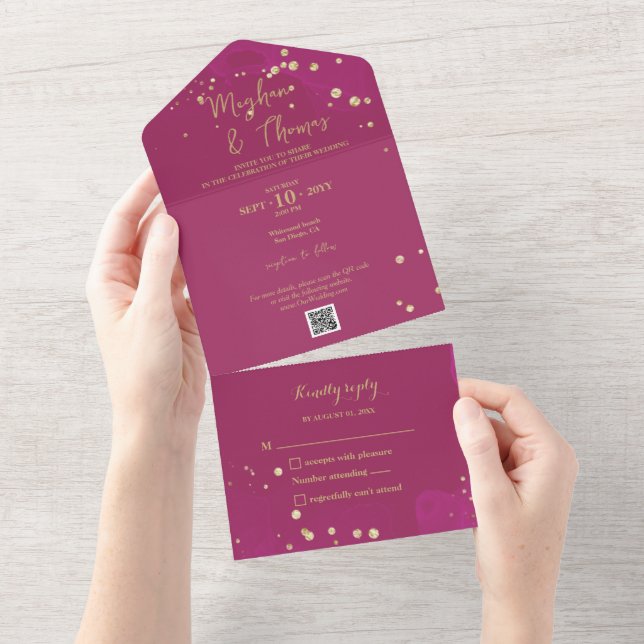 Magenta and Gold Wedding with QR Code RSVP All In One Invitation (Tearaway)