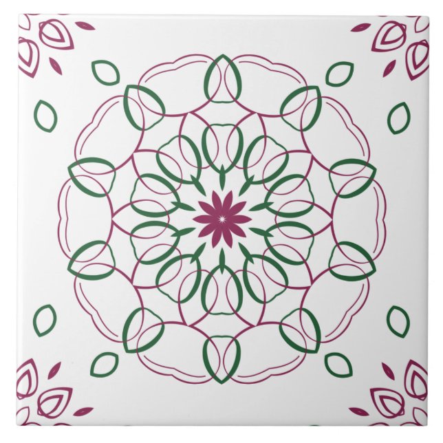 Magenta and Green Geometric Mandala Design Tile (Front)
