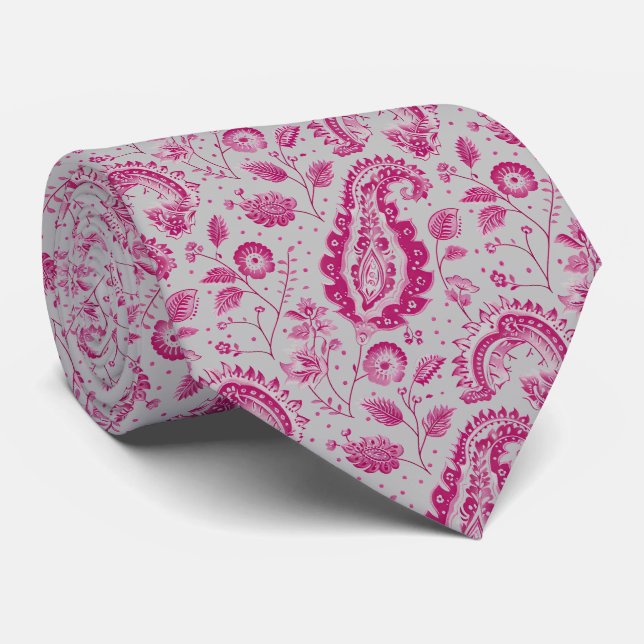 Magenta and Grey Paisley  Tie (Rolled)