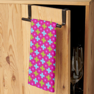 magenta and multicolours crosses tea towel