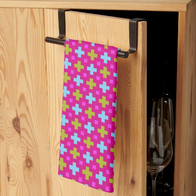 magenta and multicolours crosses tea towel (Thirds Fold)