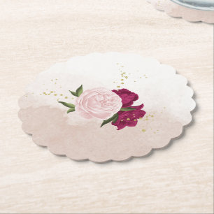 magenta and pink flowers greenery wedding paper coaster
