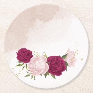 magenta and pink flowers greenery wedding  round paper coaster