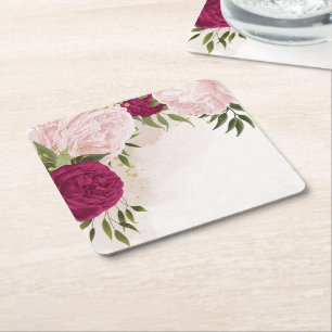 magenta and pink flowers greenery wedding  square paper coaster