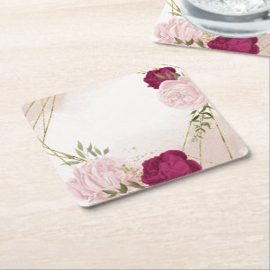 magenta and pink flowers greenery wedding square paper coaster