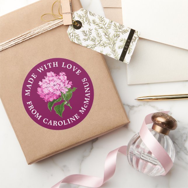 Magenta and Pink Hydrangea Made with Love Classic Round Sticker (Gifting)