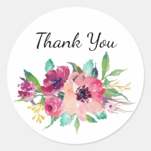 Magenta and Pink Watercolor Floral Thank You Classic Round Sticker