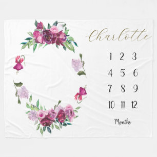Magenta and Plum floral Baby 1st year Milestone Fleece Blanket