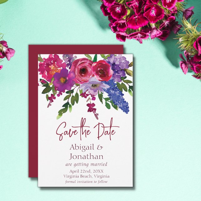 Magenta and Purple Flowers Greenery Floral Wedding Save The Date (Creator Uploaded)