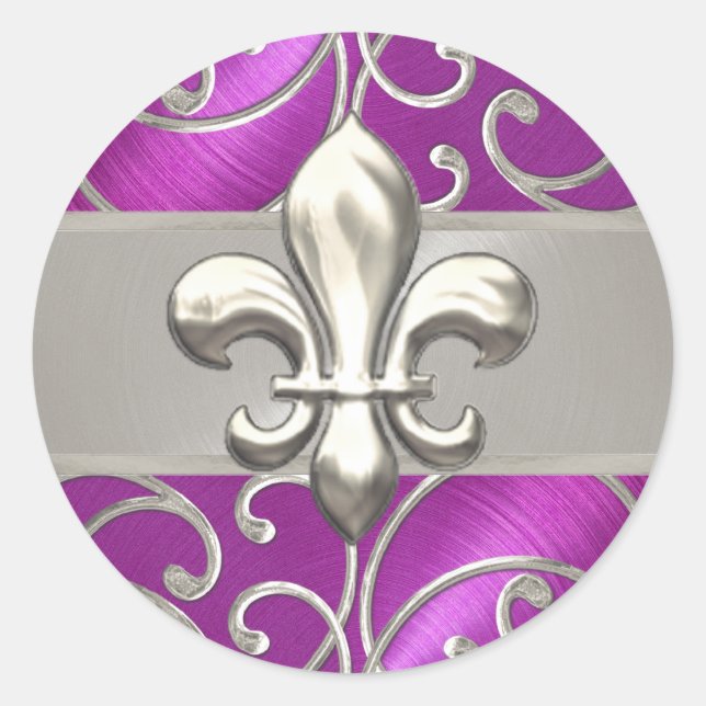 Magenta and Silver Filigree Swirls Fleur de Lis Classic Round Sticker (Front)