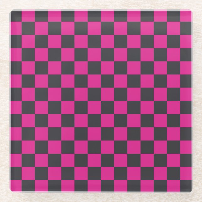 Magenta and smoke checkerboard pattern glass coaster (Front)