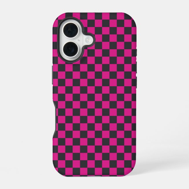Magenta and smoke checkerboard pattern iPhone 16 case (Back)