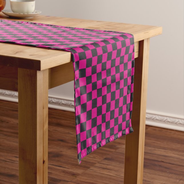 Magenta and smoke checkerboard pattern short table runner (In Situ)
