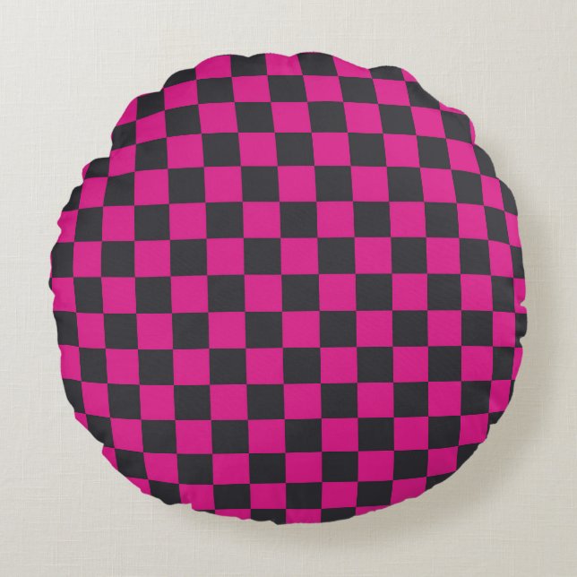 Magenta and smoke chequerboard pattern round cushion (Front)