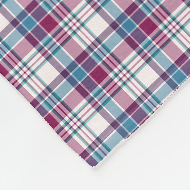 Magenta and Turquoise Blue Plaid Pattern Fleece Blanket (Corner)