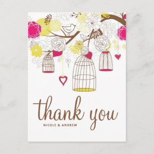 Magenta and Yellow Birdcages Thank You Postcard