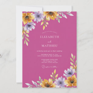 Magenta Antique Gold Wildflower Wedding Invitation