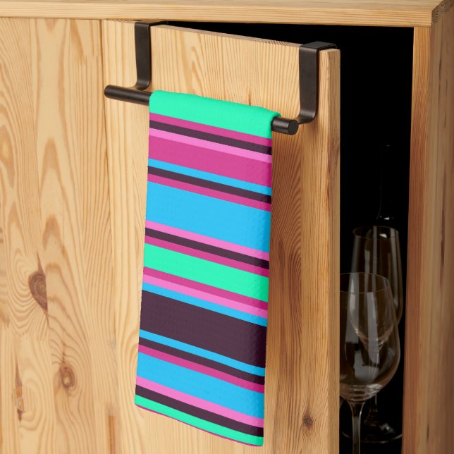 Magenta, Aqua, & Blue Striped Kitchen Towel (Thirds Fold)