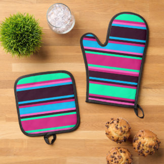 Magenta, Aqua, & Blue Striped Oven Mitt Set