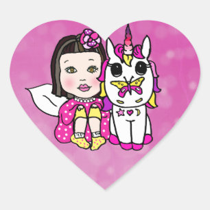 Magenta Asian Fairy and Unicorn Heart Shaped Heart Sticker