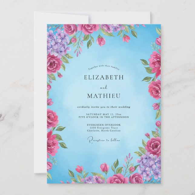 Magenta Azure Bloom Wedding Invitation (Front)