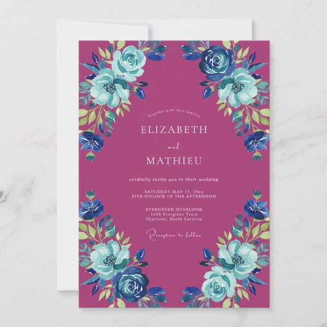 Magenta Azure Ranunculus Eucalyptus Wedding Invitation (Front)