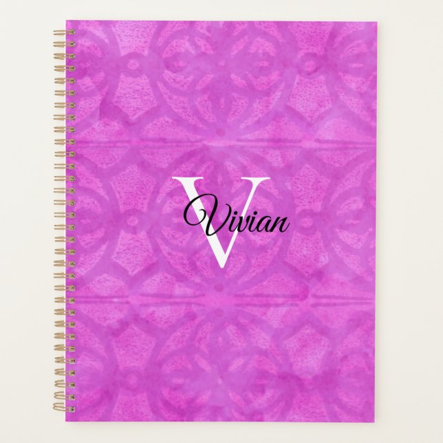 Magenta Batik Elegant Monogram Name Planner (Front)