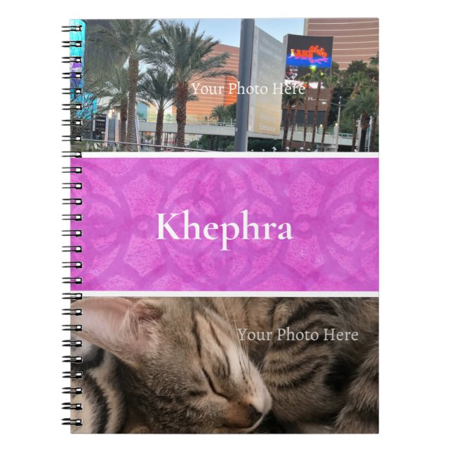 Magenta Batik Photo Collage White Border Name Notebook (Front)
