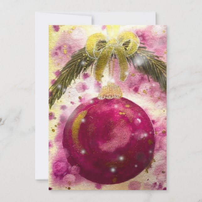 Magenta Bauble Glittery Gold Ribbon Holiday Card (Front)