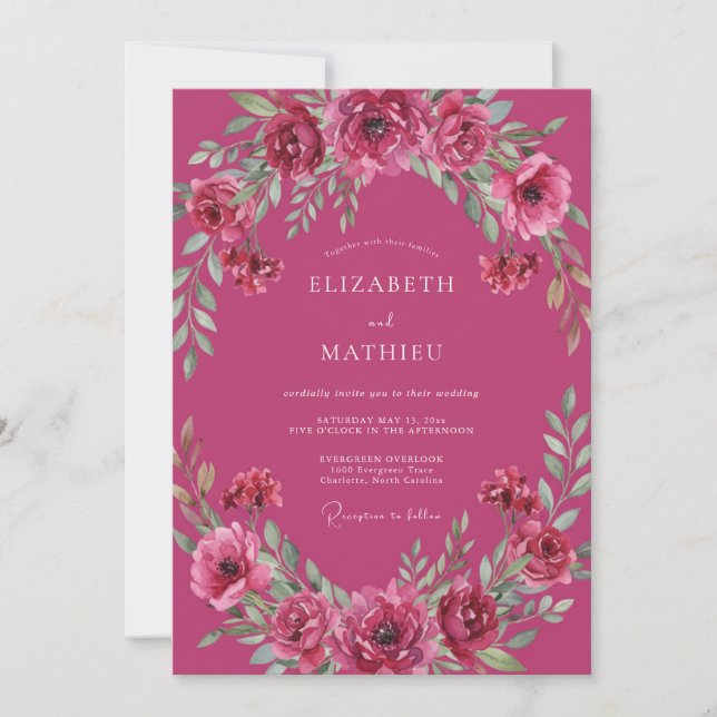 Magenta Berry Foliage Wedding Invitation (Front)