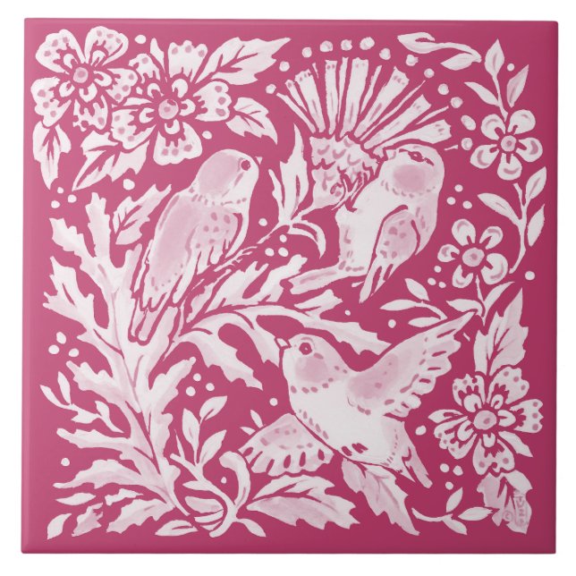 Magenta Bird Trio Thistle Nature Woodland Floral Tile (Front)
