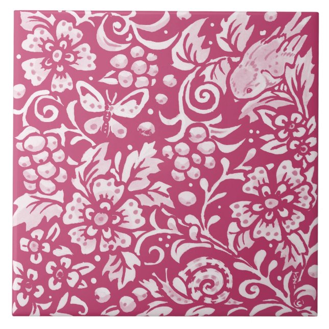 Magenta Birs Insect Woodland Animal Nature Floral Tile (Front)