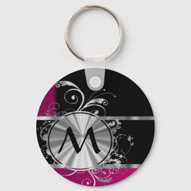 Magenta black and silver monogram key ring (Front)