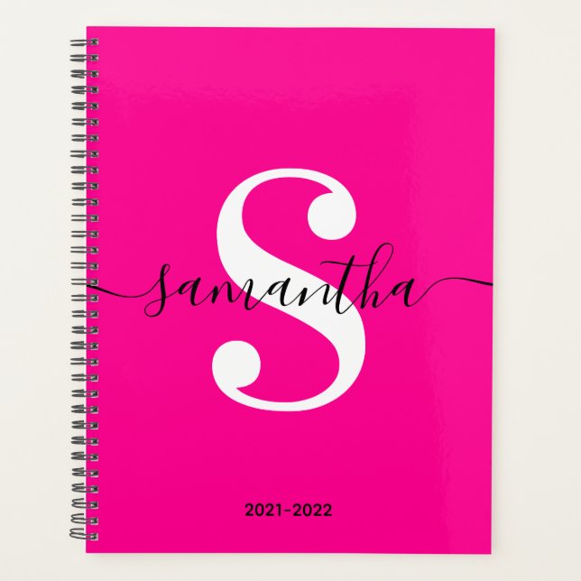 Magenta Black and White Modern Style Monogram Planner (Front)