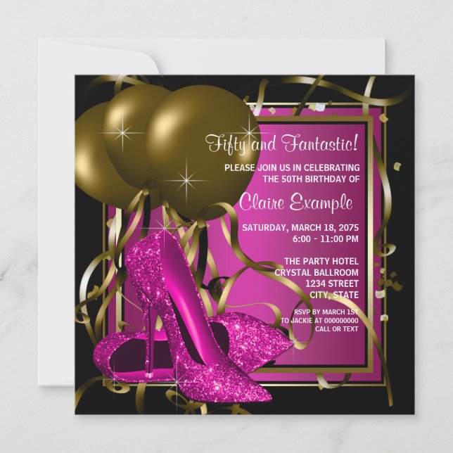 Magenta Black Gold Heel Shoe Birthday Party Invitation (Front)