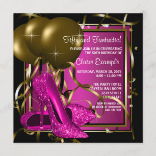 Magenta Black Gold Heel Shoe Birthday Party Invitation